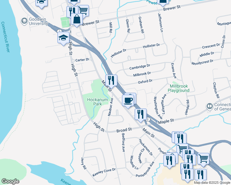 map of restaurants, bars, coffee shops, grocery stores, and more near 21A Naubuc Avenue in East Hartford