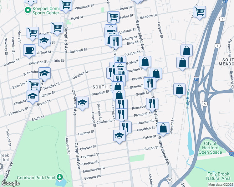 map of restaurants, bars, coffee shops, grocery stores, and more near 486 Franklin Avenue in Hartford