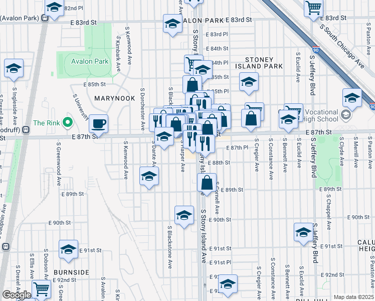 map of restaurants, bars, coffee shops, grocery stores, and more near 8729 South Harper Avenue in Chicago
