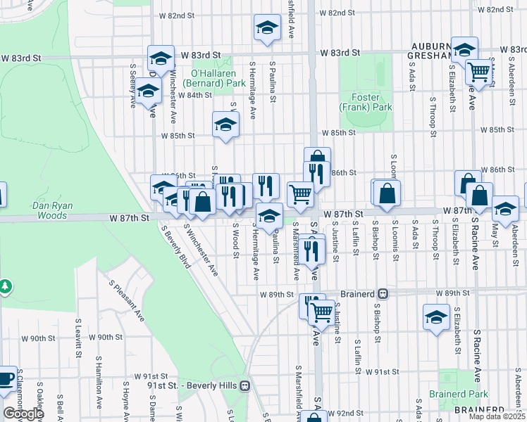 map of restaurants, bars, coffee shops, grocery stores, and more near 1710 West 87th Street in Chicago