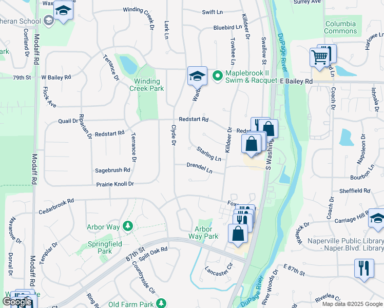map of restaurants, bars, coffee shops, grocery stores, and more near 1745 Dipper Court in Naperville