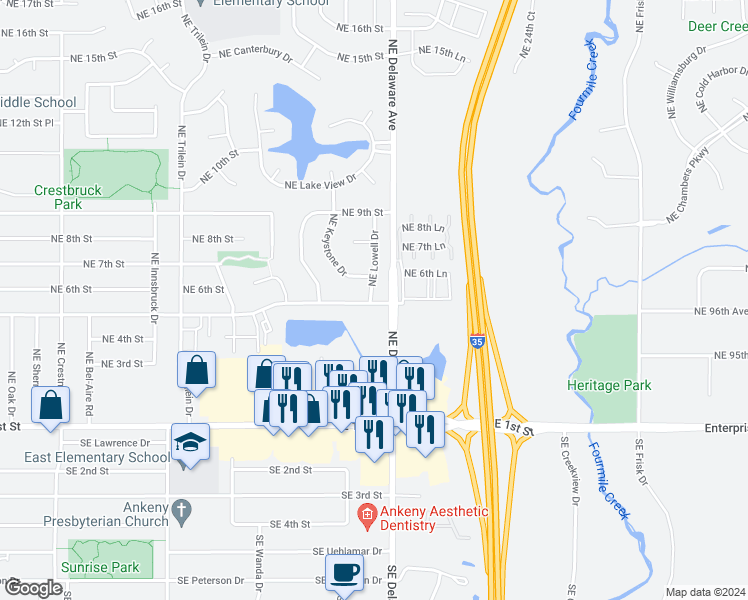 map of restaurants, bars, coffee shops, grocery stores, and more near 1016 Northeast 5th Street in Ankeny