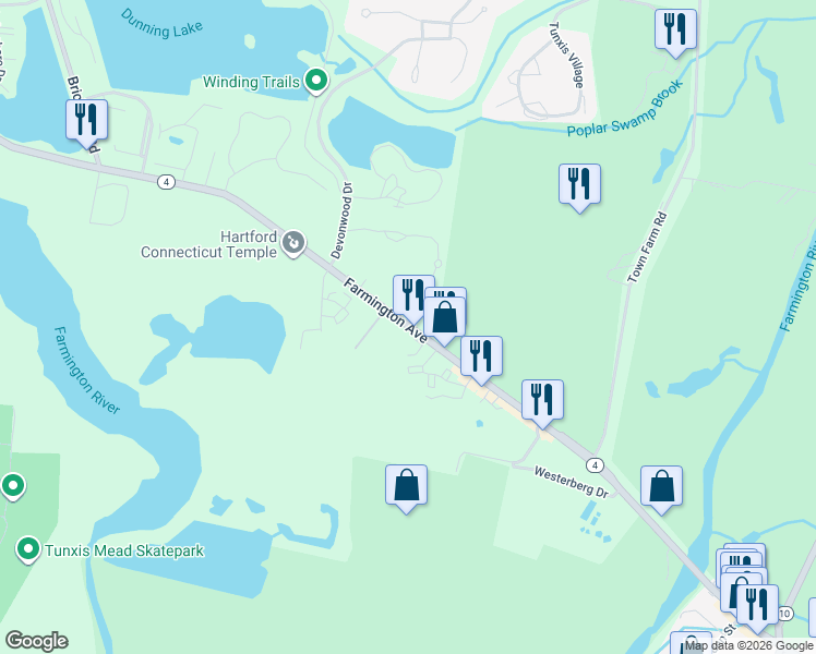 map of restaurants, bars, coffee shops, grocery stores, and more near 1093 Connecticut 4 in Farmington