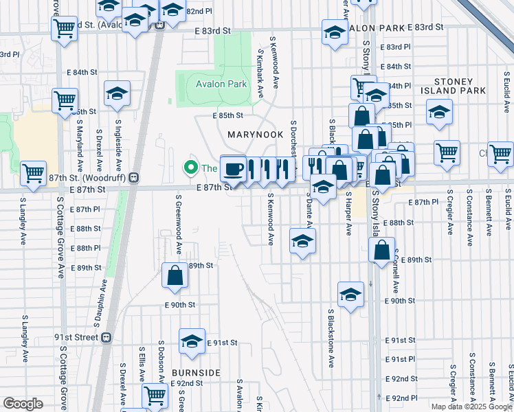 map of restaurants, bars, coffee shops, grocery stores, and more near 8729 South Kimbark Avenue in Chicago