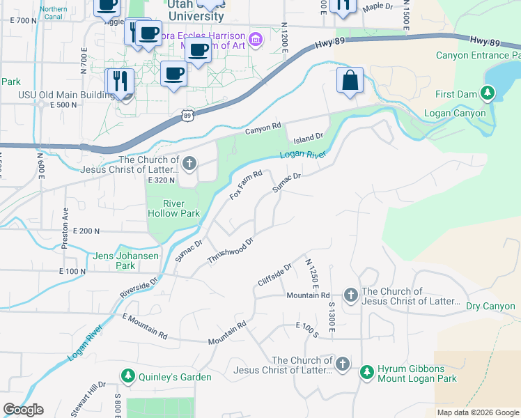 map of restaurants, bars, coffee shops, grocery stores, and more near 1130 Sumac Drive in Logan