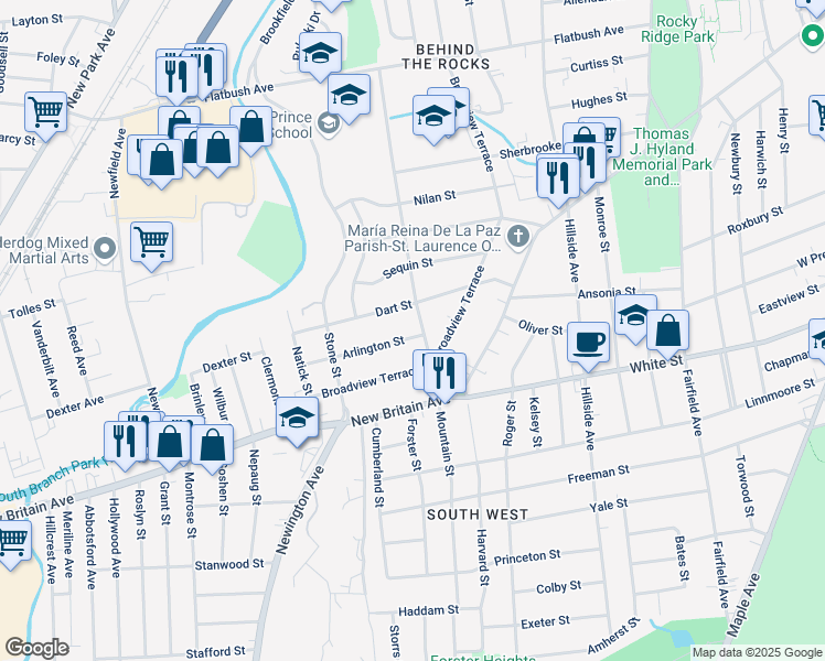 map of restaurants, bars, coffee shops, grocery stores, and more near 10 Arlington Street in Hartford