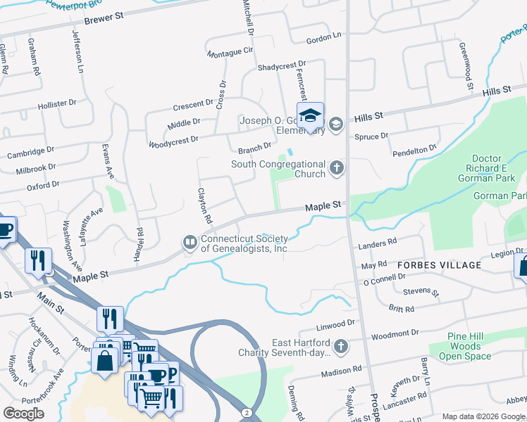 map of restaurants, bars, coffee shops, grocery stores, and more near 272 Maple Street in East Hartford