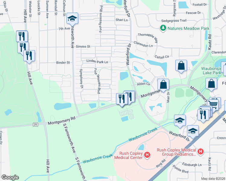 map of restaurants, bars, coffee shops, grocery stores, and more near 1038 Serendipity Drive in Aurora
