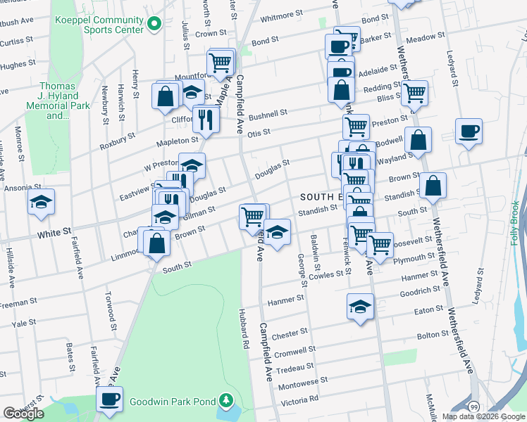 map of restaurants, bars, coffee shops, grocery stores, and more near 220 Campfield Avenue in Hartford