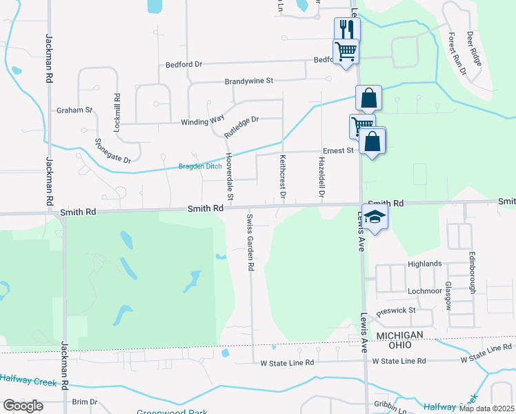 map of restaurants, bars, coffee shops, grocery stores, and more near 1135 Smith Road in Temperance