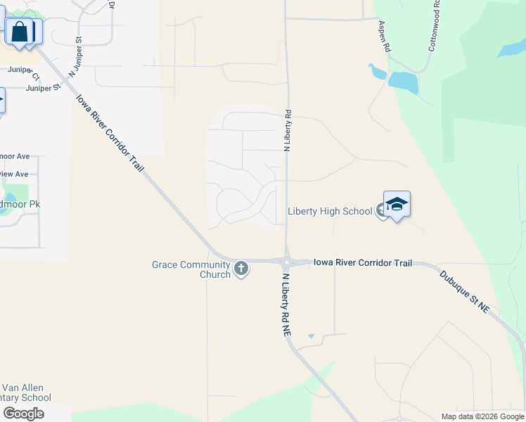 map of restaurants, bars, coffee shops, grocery stores, and more near 2747 North Liberty Road Northeast in North Liberty