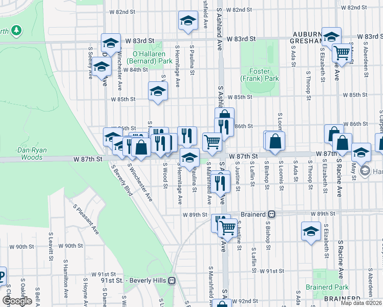 map of restaurants, bars, coffee shops, grocery stores, and more near 1700 West 87th Street in Chicago