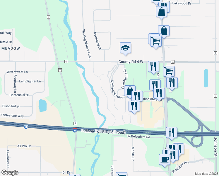 map of restaurants, bars, coffee shops, grocery stores, and more near 3347 Bay Pointe Drive in Elkhart