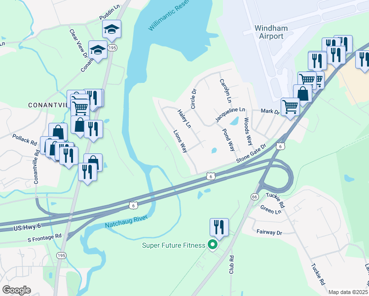 map of restaurants, bars, coffee shops, grocery stores, and more near 34 Lions Way in Windham