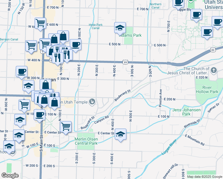map of restaurants, bars, coffee shops, grocery stores, and more near 247 North 400 East in Logan