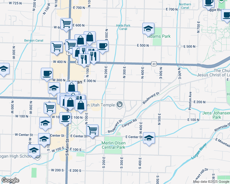 map of restaurants, bars, coffee shops, grocery stores, and more near 255 Temple Avenue in Logan