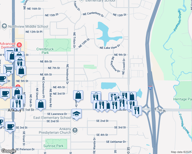 map of restaurants, bars, coffee shops, grocery stores, and more near 806 Northeast 5th Street in Ankeny