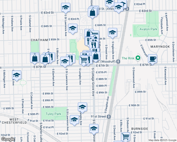 map of restaurants, bars, coffee shops, grocery stores, and more near 738 East 87th Place in Chicago