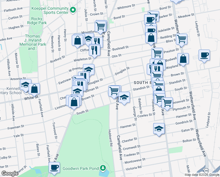 map of restaurants, bars, coffee shops, grocery stores, and more near 232 Brown Street in Hartford