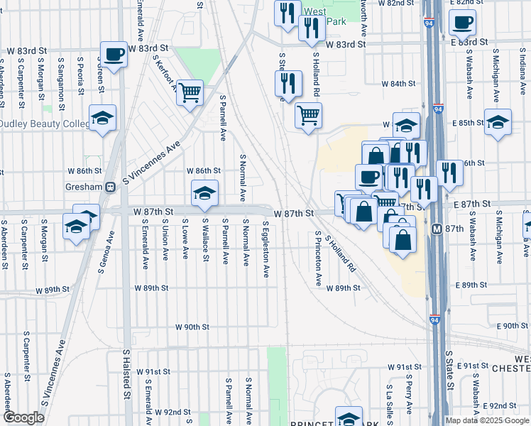 map of restaurants, bars, coffee shops, grocery stores, and more near West 87th Street & South Eggleston Avenue in Chicago