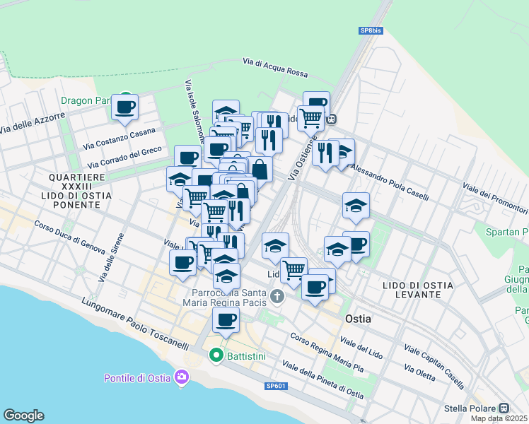 map of restaurants, bars, coffee shops, grocery stores, and more near 81 Viale dei Romagnoli in Lido di Ostia