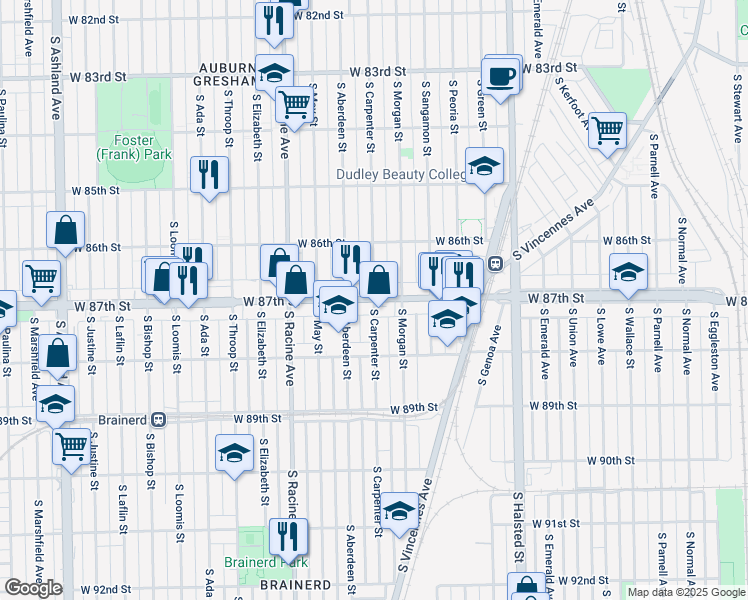 map of restaurants, bars, coffee shops, grocery stores, and more near W 87th St & S Carpenter St in Chicago