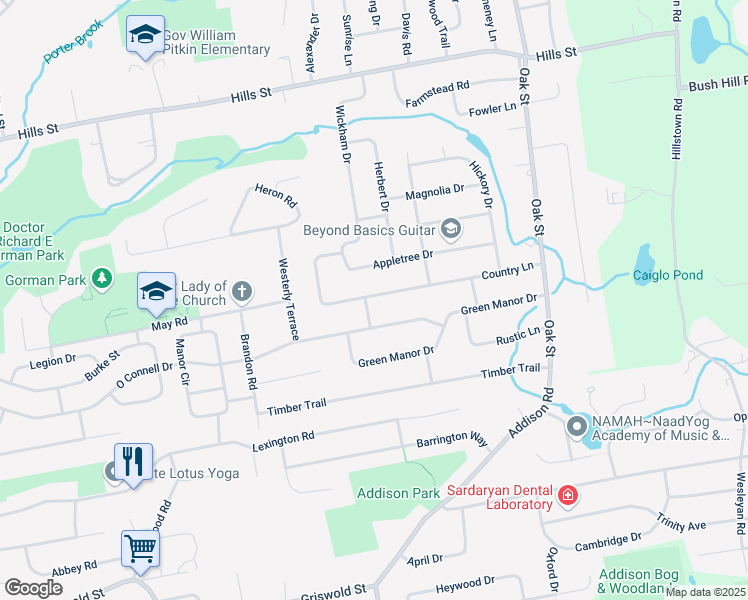 map of restaurants, bars, coffee shops, grocery stores, and more near 163 Country Lane in East Hartford
