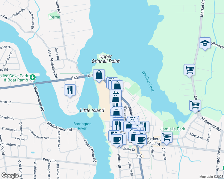 map of restaurants, bars, coffee shops, grocery stores, and more near 121 North Main Street in Warren
