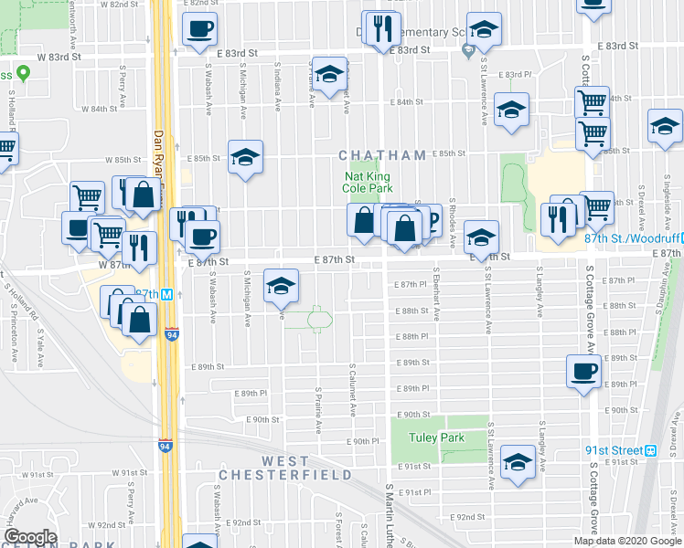 map of restaurants, bars, coffee shops, grocery stores, and more near 8714 South Calumet Avenue in Chicago