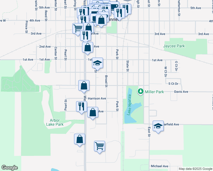 map of restaurants, bars, coffee shops, grocery stores, and more near 901 Washington Avenue in Grinnell