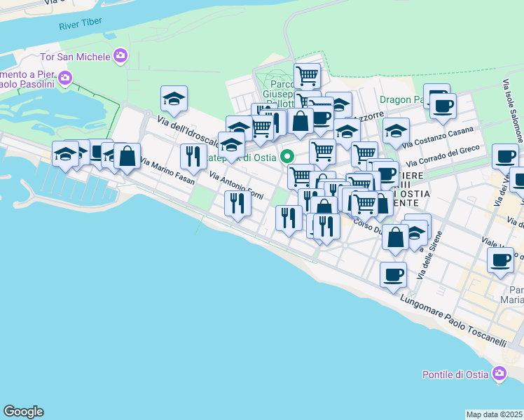map of restaurants, bars, coffee shops, grocery stores, and more near 10 Via Guido Vincon in Lido di Ostia