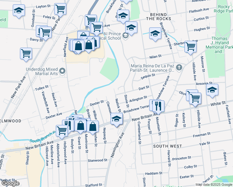 map of restaurants, bars, coffee shops, grocery stores, and more near 198 Dart Street in Hartford