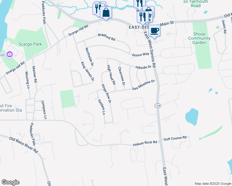 map of restaurants, bars, coffee shops, grocery stores, and more near 79 Sea Meadow Drive in Dennis