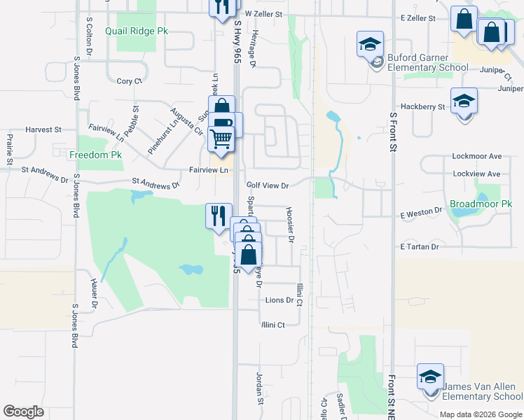 map of restaurants, bars, coffee shops, grocery stores, and more near Spartan Drive in North Liberty