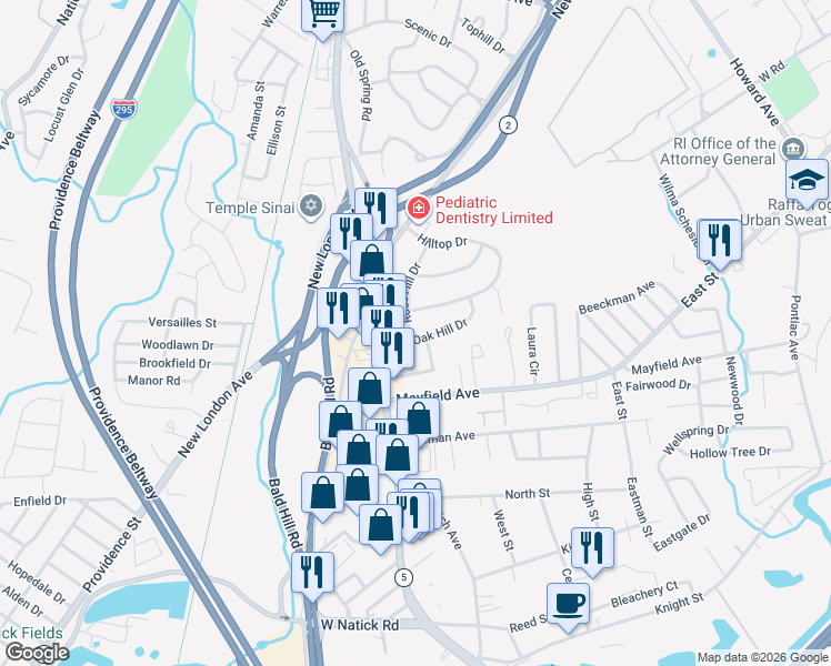 map of restaurants, bars, coffee shops, grocery stores, and more near 34 Oak Hill Drive in Cranston