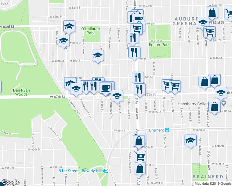 map of restaurants, bars, coffee shops, grocery stores, and more near 1710 West 87th Street in Chicago