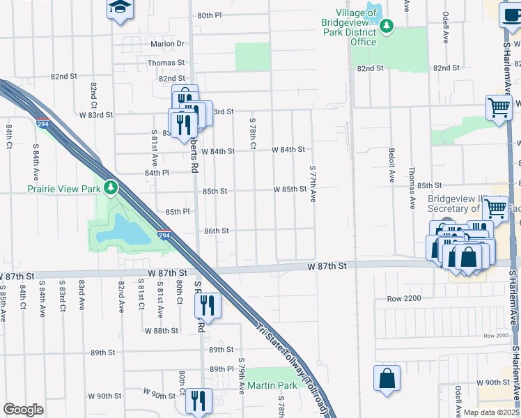 map of restaurants, bars, coffee shops, grocery stores, and more near 8519 South 78th Court in Justice
