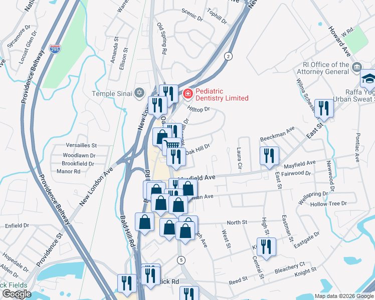 map of restaurants, bars, coffee shops, grocery stores, and more near 34 Oak Hill Drive in Cranston