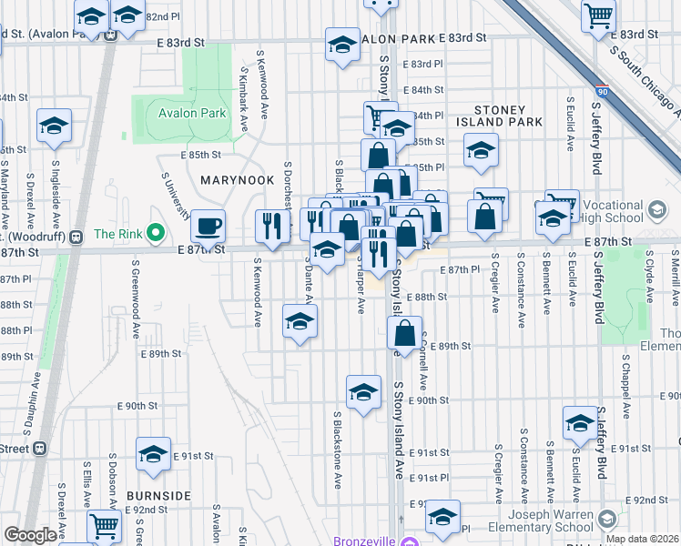 map of restaurants, bars, coffee shops, grocery stores, and more near 8731 South Blackstone Avenue in Chicago