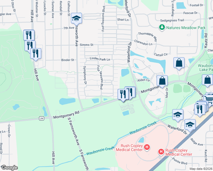 map of restaurants, bars, coffee shops, grocery stores, and more near 1034 Four Seasons Boulevard in Aurora