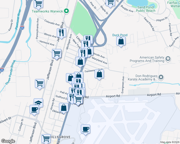 map of restaurants, bars, coffee shops, grocery stores, and more near 104 Tennessee Avenue in Warwick
