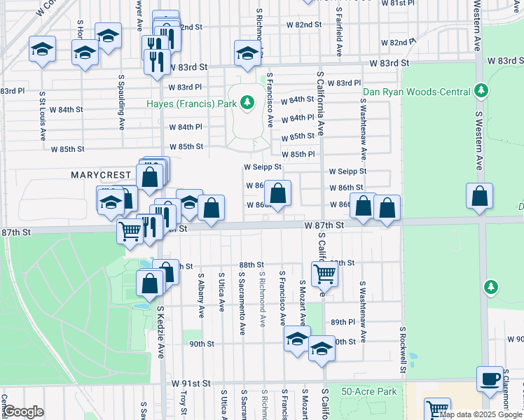 map of restaurants, bars, coffee shops, grocery stores, and more near 2933 W 86th Pl in Chicago