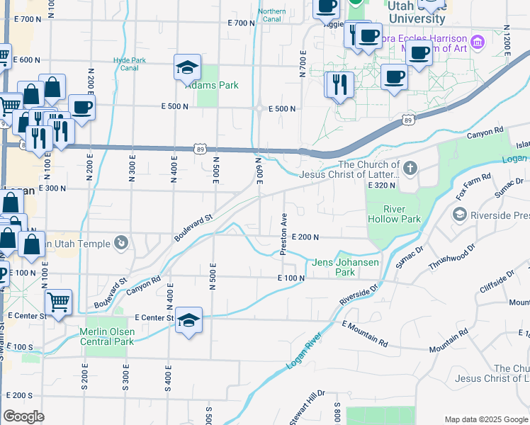 map of restaurants, bars, coffee shops, grocery stores, and more near 260 600 East in Logan