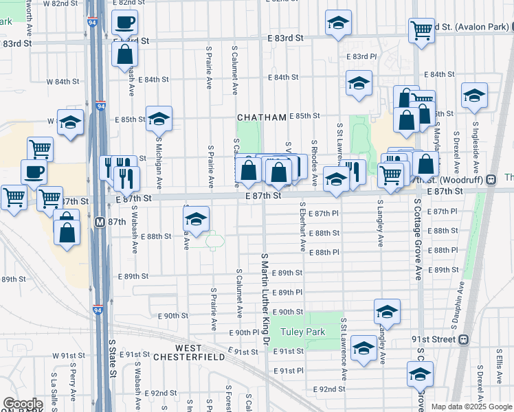 map of restaurants, bars, coffee shops, grocery stores, and more near 8714 South King Drive in Chicago