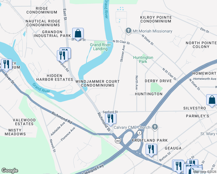 map of restaurants, bars, coffee shops, grocery stores, and more near 107 Windjammer Court in Painesville
