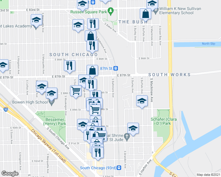 map of restaurants, bars, coffee shops, grocery stores, and more near 8746 South Baltimore Avenue in Chicago