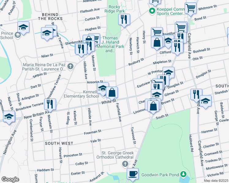 map of restaurants, bars, coffee shops, grocery stores, and more near 197 Fairfield Avenue in Hartford