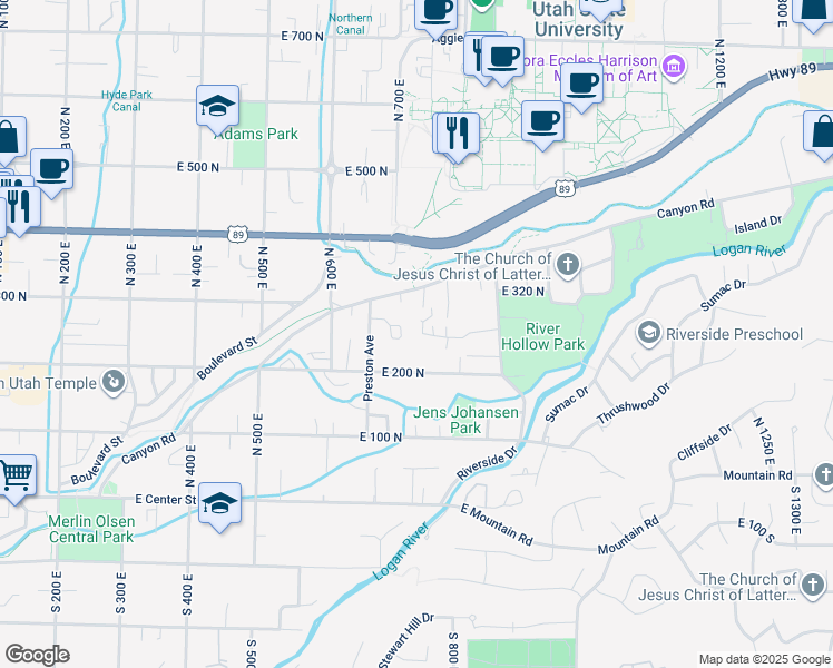 map of restaurants, bars, coffee shops, grocery stores, and more near 725 East 275 North in Logan