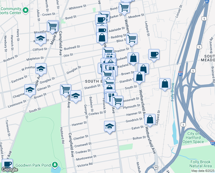 map of restaurants, bars, coffee shops, grocery stores, and more near 486 Franklin Avenue in Hartford
