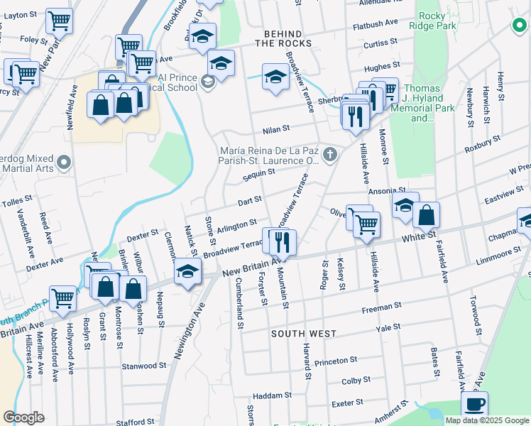 map of restaurants, bars, coffee shops, grocery stores, and more near 10 Arlington Street in Hartford